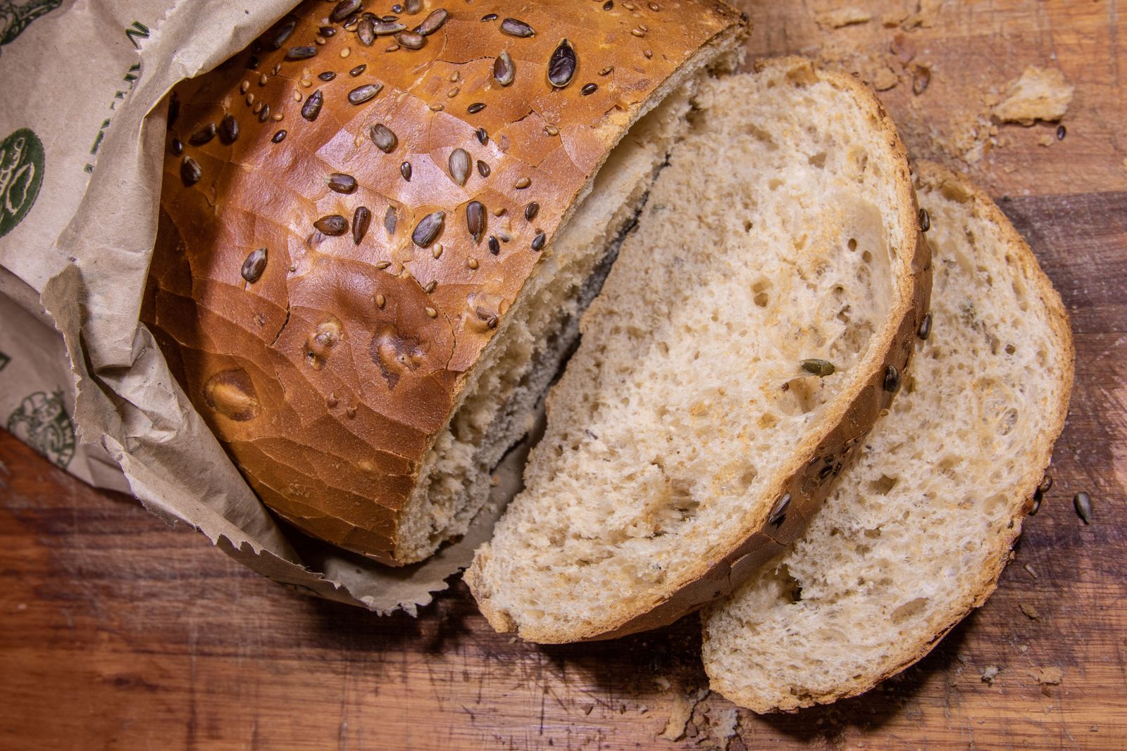 Sliced hearty multigrain ancient grains bread on a board