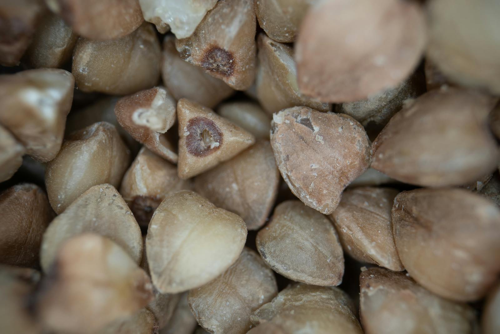 A macro close-up of raw buckwheat seeds showing their distinctive triangular pyramid shape, the kernels that get milled into the flour this guide is about.