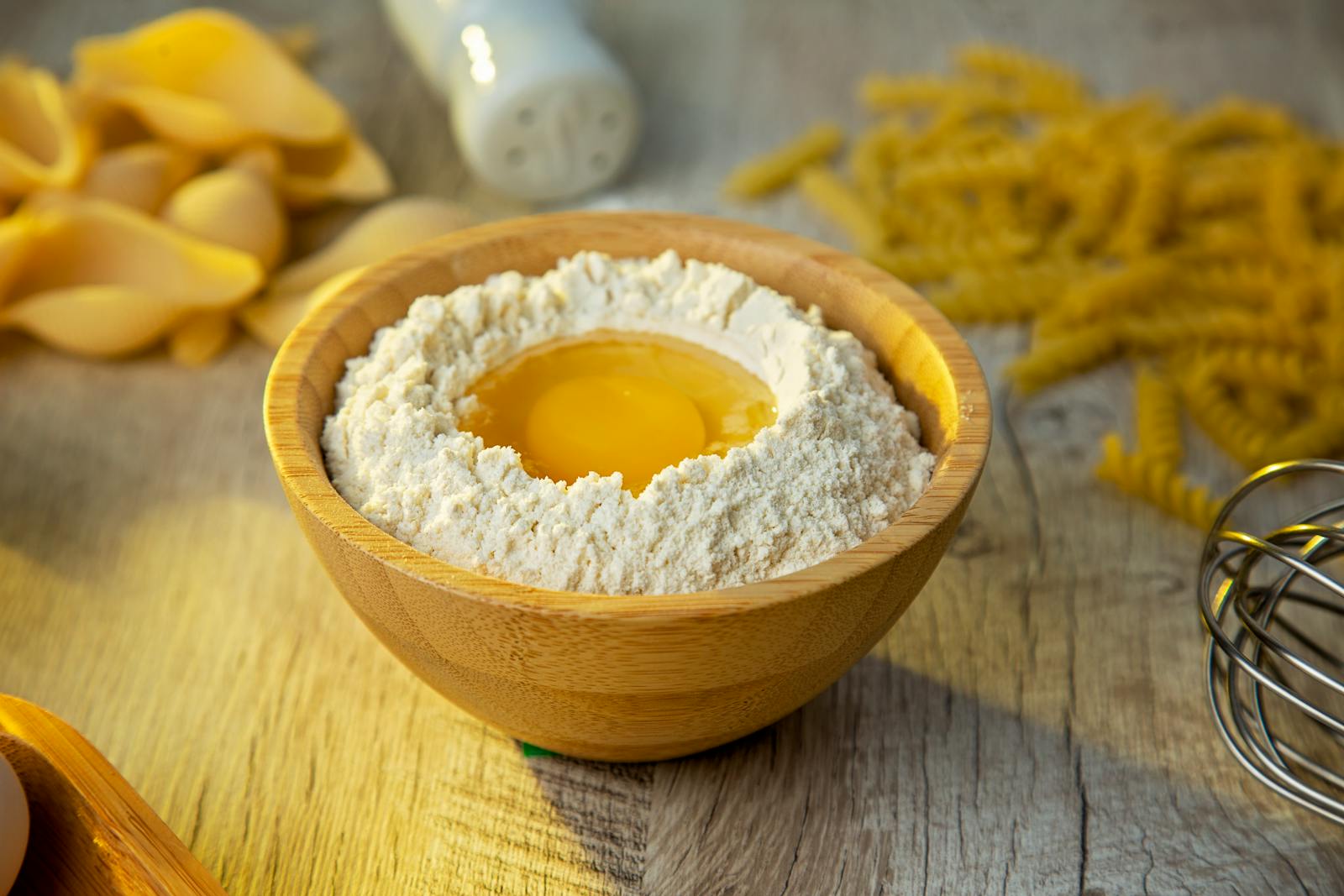 A wooden bowl of golden flour with a fresh egg yolk in the centre, staged for homemade pasta, one of einkorn flour's best uses.