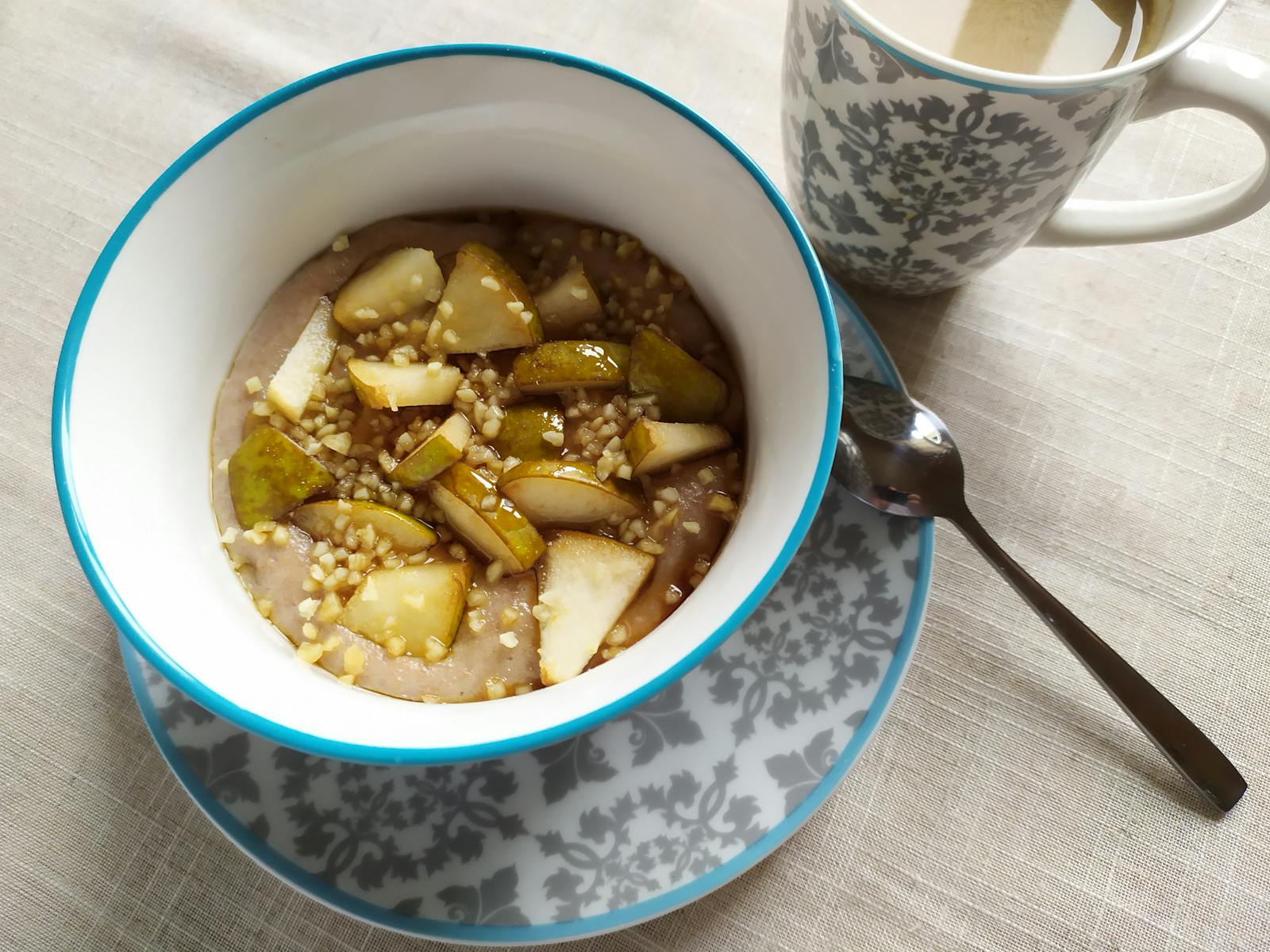 Bowl of cooked buckwheat groats with pears